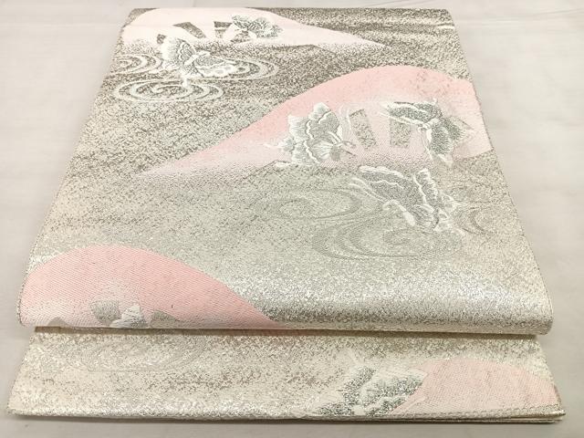 平和屋着物◎六通柄袋帯　唐織　片輪車舞蝶文　銀糸　正絹　逸品　BAAX1112qw