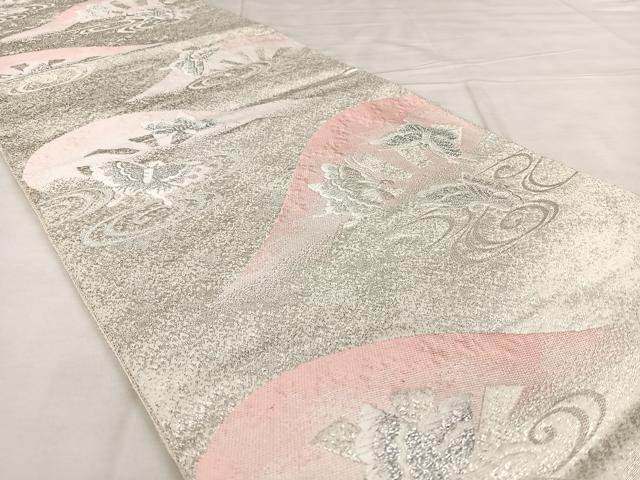 平和屋着物◎六通柄袋帯　唐織　片輪車舞蝶文　銀糸　正絹　逸品　BAAX1112qw