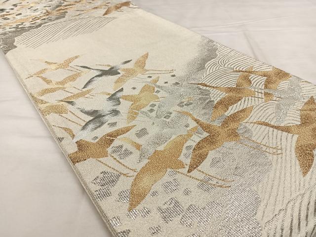 平和屋着物◎六通柄袋帯　明綴　流水飛鶴文　プラチナ箔　正絹　逸品　BAAX1129qw