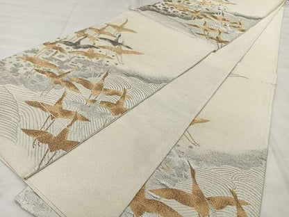 平和屋着物◎六通柄袋帯　明綴　流水飛鶴文　プラチナ箔　正絹　逸品　BAAX1129qw