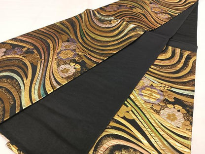 平和屋着物◎六通柄袋帯　流水花文　黒地　金糸　正絹　逸品　BAAX1130qw