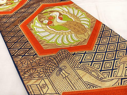 平和屋着物◎六通柄袋帯　唐織　亀甲花鳥文　金糸　正絹　逸品　BAAX1148qw