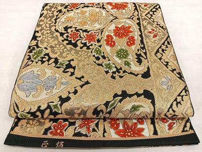 平和屋着物◎六通柄　本袋帯　唐織　花唐草文　黒地　金糸　正絹　逸品　BAAX1164qw