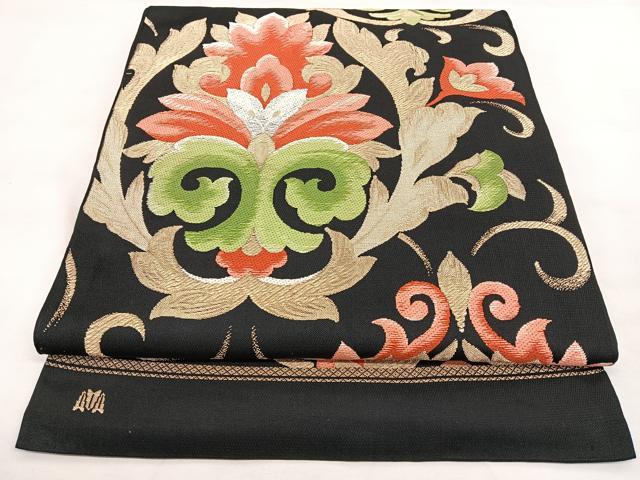 平和屋着物◎六通柄　本袋帯　唐織　花唐草文　黒地　金糸　正絹　逸品　BAAX1166qw