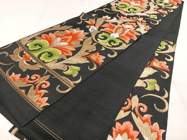 平和屋着物◎六通柄　本袋帯　唐織　花唐草文　黒地　金糸　正絹　逸品　BAAX1166qw