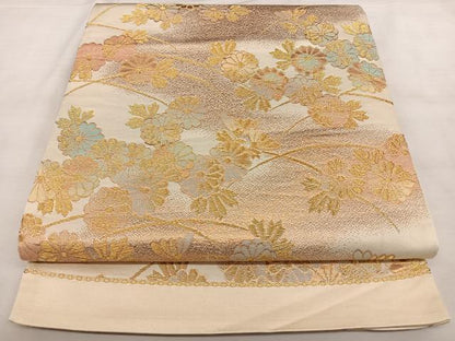 平和屋着物◎西陣　六通柄袋帯　草花文　金糸　証紙付き　正絹　逸品　BAAX1601qw