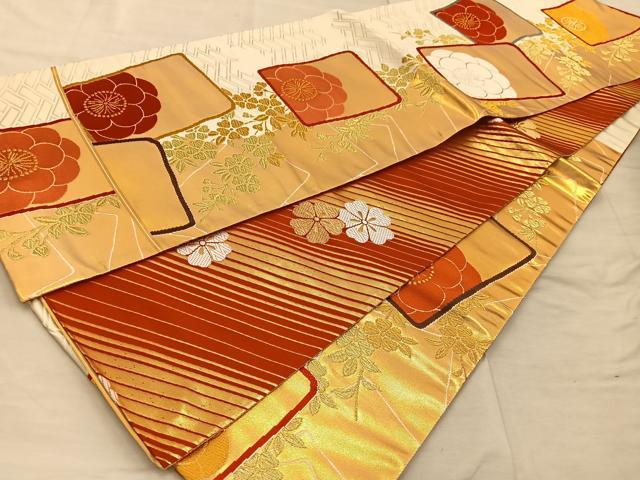 平和屋着物◎両面 六通柄袋帯 色紙枝花文 金糸 正絹 逸品 BAAX1214mz