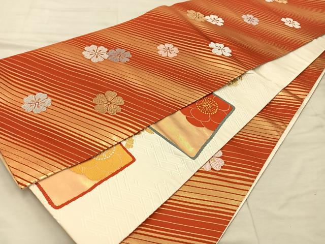 平和屋着物◎両面 六通柄袋帯 色紙枝花文 金糸 正絹 逸品 BAAX1214mz