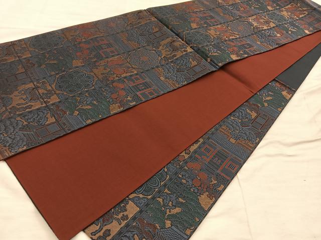平和屋着物◎六通柄袋帯 動物風景花文 金糸 正絹 逸品 BAAX1221mz