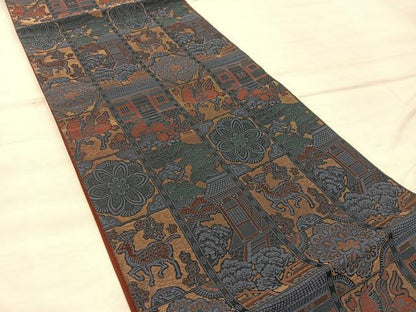 平和屋着物◎六通柄袋帯 動物風景花文 金糸 正絹 逸品 BAAX1221mz