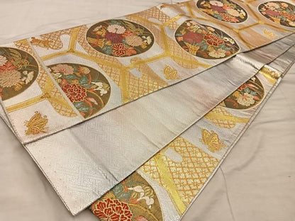 平和屋着物◎西陣 野々村織物謹製 佐賀錦 六通柄袋帯 唐織 舞蝶花丸文 金糸 正絹 逸品 BAAX1224mz