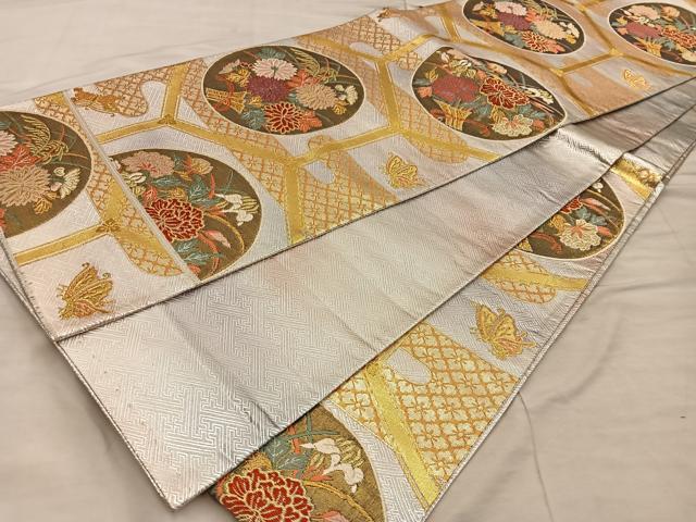 平和屋着物◎西陣 野々村織物謹製 佐賀錦 六通柄袋帯 唐織 舞蝶花丸文 金糸 正絹 逸品 BAAX1224mz