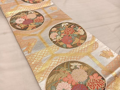 平和屋着物◎西陣 野々村織物謹製 佐賀錦 六通柄袋帯 唐織 舞蝶花丸文 金糸 正絹 逸品 BAAX1224mz