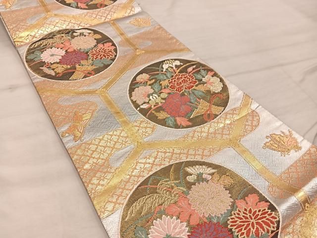 平和屋着物◎西陣 野々村織物謹製 佐賀錦 六通柄袋帯 唐織 舞蝶花丸文 金糸 正絹 逸品 BAAX1224mz