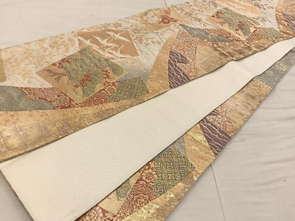 平和屋着物◎佐賀錦 六通柄袋帯 地紙重ね飛鶴花文 金糸 正絹 逸品 BAAX1230mz