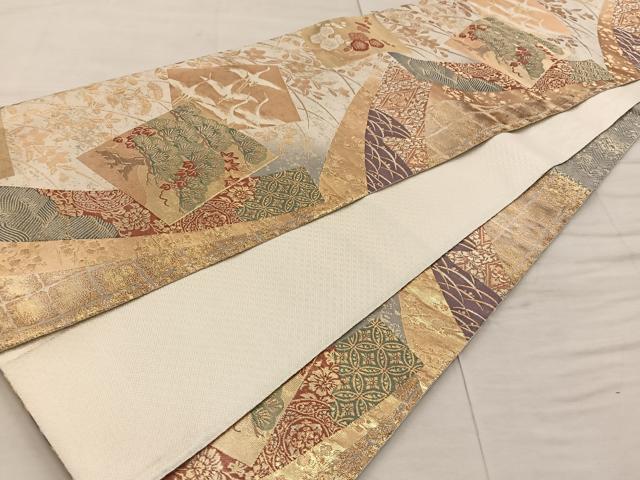 平和屋着物◎佐賀錦 六通柄袋帯 地紙重ね飛鶴花文 金糸 正絹 逸品 BAAX1230mz