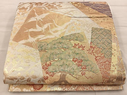 平和屋着物◎佐賀錦 六通柄袋帯 地紙重ね飛鶴花文 金糸 正絹 逸品 BAAX1230mz