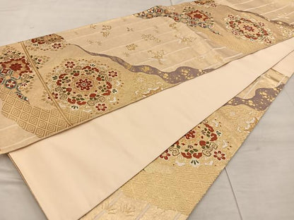 平和屋着物◎六通柄袋帯 花鳥文 金糸 正絹 逸品 BAAX1233mz