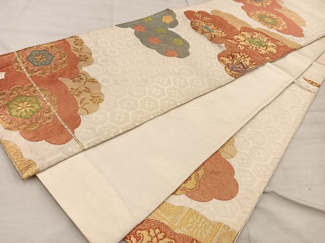 平和屋着物◎六通柄袋帯 雲重ね花文 金糸 正絹 逸品 BAAX1254mz