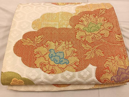 平和屋着物◎六通柄袋帯 雲重ね花文 金糸 正絹 逸品 BAAX1254mz