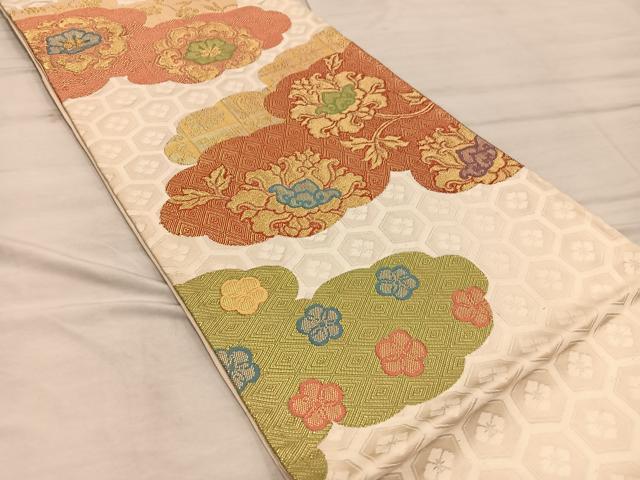 平和屋着物◎六通柄袋帯 雲重ね花文 金糸 正絹 逸品 BAAX1254mz