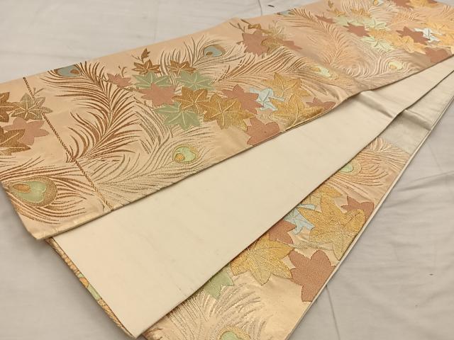 平和屋着物◎六通柄袋帯 孔雀羽 楓文 金糸 正絹 逸品 BAAX1258mz