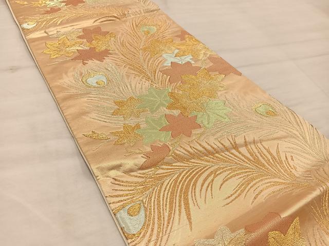 平和屋着物◎六通柄袋帯 孔雀羽 楓文 金糸 正絹 逸品 BAAX1258mz