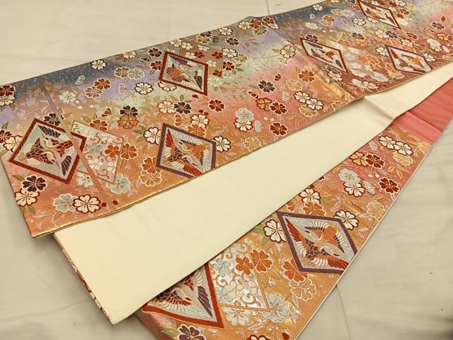 平和屋着物◎六通柄袋帯 唐織 双鶴花文 金糸 正絹 逸品 BAAX1274mz