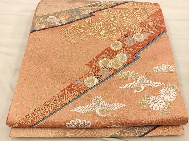 平和屋着物◎六通柄袋帯 飛鶴花文 金糸 正絹 逸品 BAAX1276mz