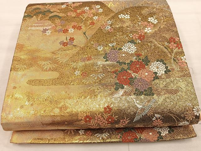 平和屋着物◎六通柄袋帯 飛鶴遠山花文 金糸 正絹 逸品 BAAX1277mz
