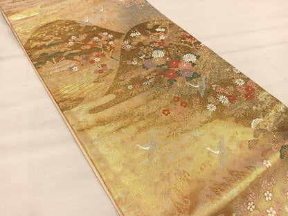 平和屋着物◎六通柄袋帯 飛鶴遠山花文 金糸 正絹 逸品 BAAX1277mz