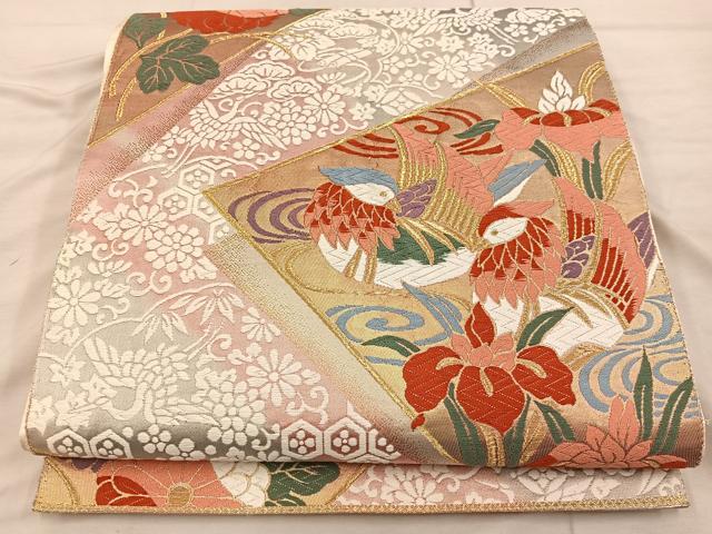 平和屋着物◎六通柄袋帯 唐織 鴛鴦花文 金糸 正絹 逸品 BAAX1281mz