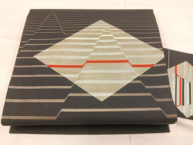 平和屋着物◎九寸名古屋帯 幾何学文様 黒地 金銀糸 正絹 逸品 BAAX1290mz