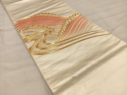 平和屋着物◎太鼓柄袋帯　総駒刺繍　立波文　正絹　逸品　BAAX1294mz