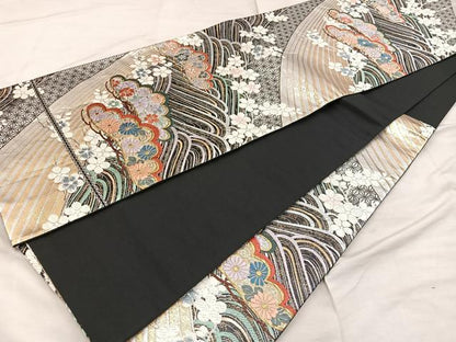 平和屋着物◎六通柄袋帯　唐織　菊花文　黒地　金銀糸　正絹　逸品　BAAX1298mz
