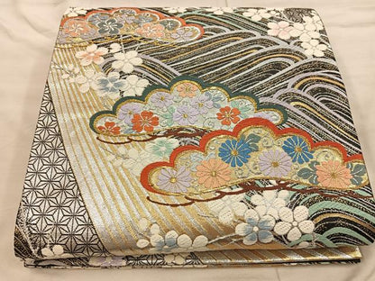 平和屋着物◎六通柄袋帯　唐織　菊花文　黒地　金銀糸　正絹　逸品　BAAX1298mz