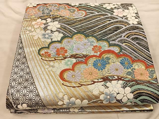 平和屋着物◎六通柄袋帯　唐織　菊花文　黒地　金銀糸　正絹　逸品　BAAX1298mz