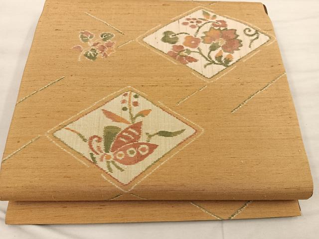平和屋着物◎六通柄袋帯　紬地　菱舞蝶花文　正絹　逸品　BAAX1306mz