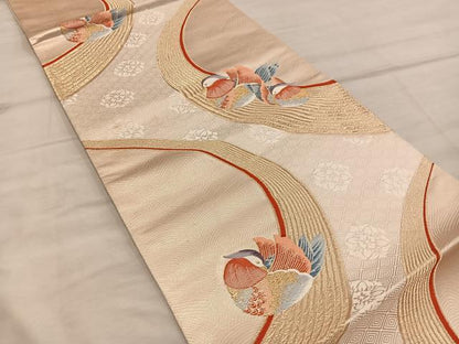 平和屋着物◎六通柄袋帯　錦波舞花文　金糸　正絹　逸品　BAAX1312mz
