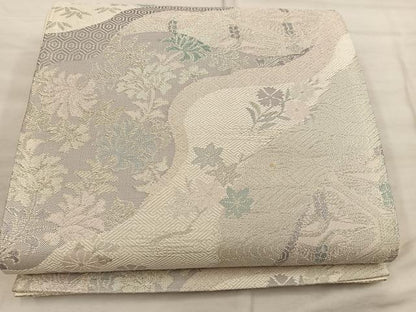 平和屋着物◎六通柄袋帯　草花文　銀糸　正絹　逸品　BAAX1313mz