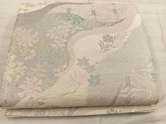 平和屋着物◎六通柄袋帯　草花文　銀糸　正絹　逸品　BAAX1313mz