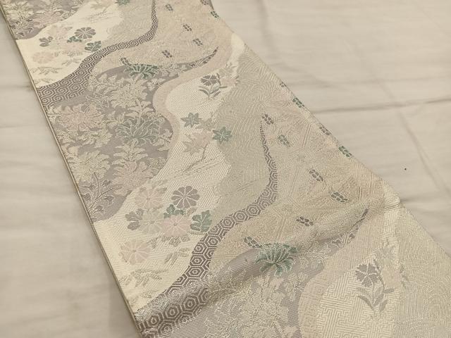 平和屋着物◎六通柄袋帯　草花文　銀糸　正絹　逸品　BAAX1313mz