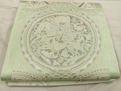 平和屋着物◎六通柄袋帯　動物花丸文　銀糸　正絹　逸品　BAAX1314mz