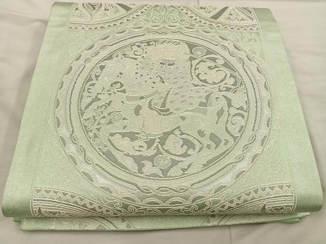 平和屋着物◎六通柄袋帯　動物花丸文　銀糸　正絹　逸品　BAAX1314mz