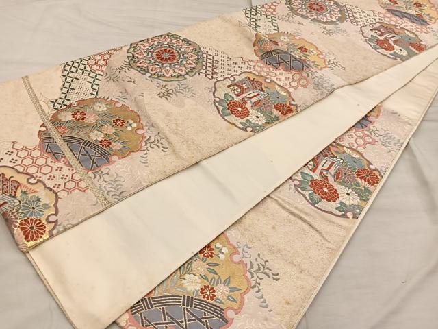 平和屋着物◎六通柄袋帯　御所車雪輪花文　金糸　正絹　逸品　BAAX1320mz