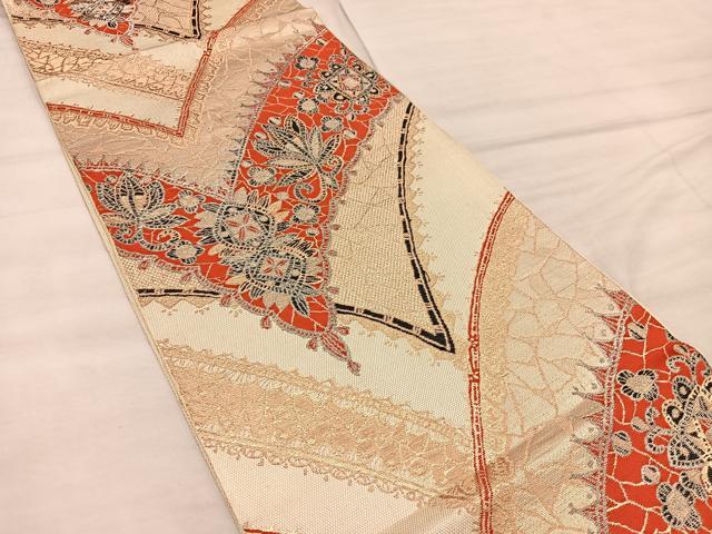 平和屋着物◎西陣　服部織物謹製　六通柄　本袋帯　更紗花文　金糸　正絹　逸品　BAAX1322mz