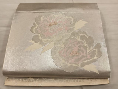 平和屋着物◎西陣　服部織物謹製　六通柄袋帯　こはく錦　手工芸　牡丹　金銀糸　正絹　逸品　BAAX1330mz