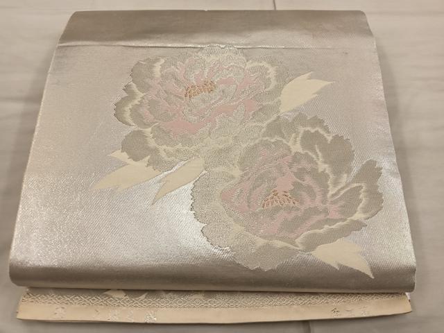 平和屋着物◎西陣　服部織物謹製　六通柄袋帯　こはく錦　手工芸　牡丹　金銀糸　正絹　逸品　BAAX1330mz