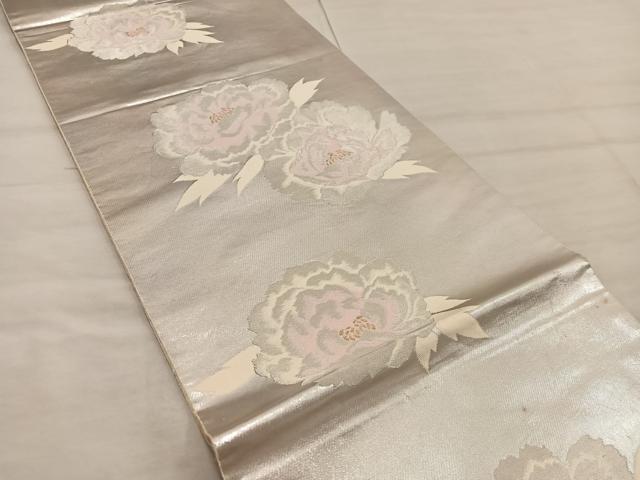 平和屋着物◎西陣　服部織物謹製　六通柄袋帯　こはく錦　手工芸　牡丹　金銀糸　正絹　逸品　BAAX1330mz