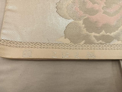 平和屋着物◎西陣　服部織物謹製　六通柄袋帯　こはく錦　手工芸　牡丹　金銀糸　正絹　逸品　BAAX1330mz